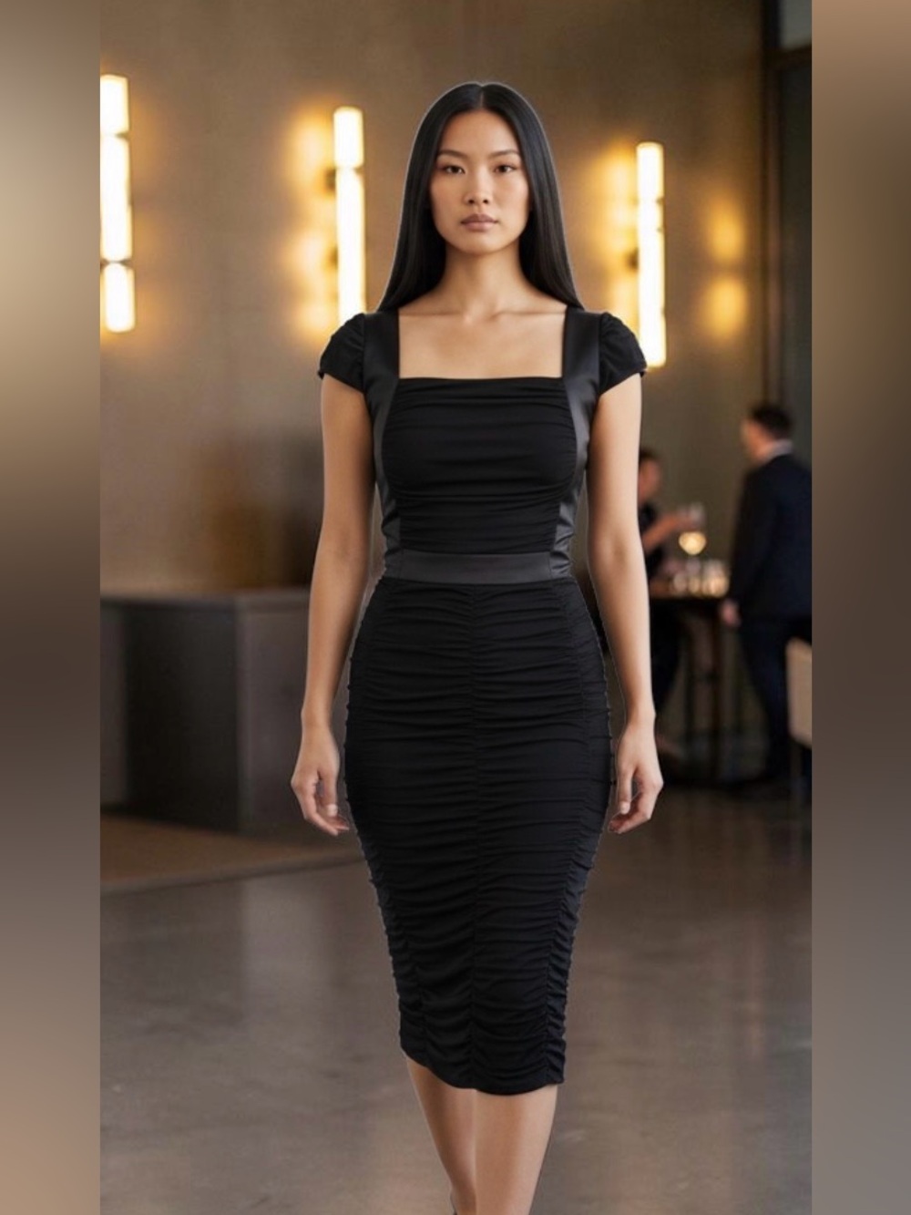 Teenflo Black Ruched Midi Dress with Square Neck